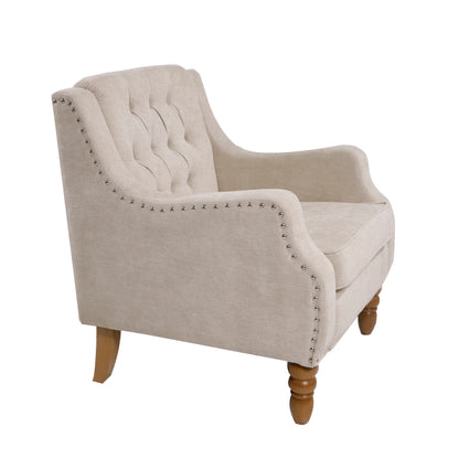 Accent Chair, Living Room Chair, Footrest Chair Set With Vintage Brass Studs, Button Tufted Upholstered Armchair For Living Room, Comfy Reading Chair For Bedroom, Reception Room - Beige