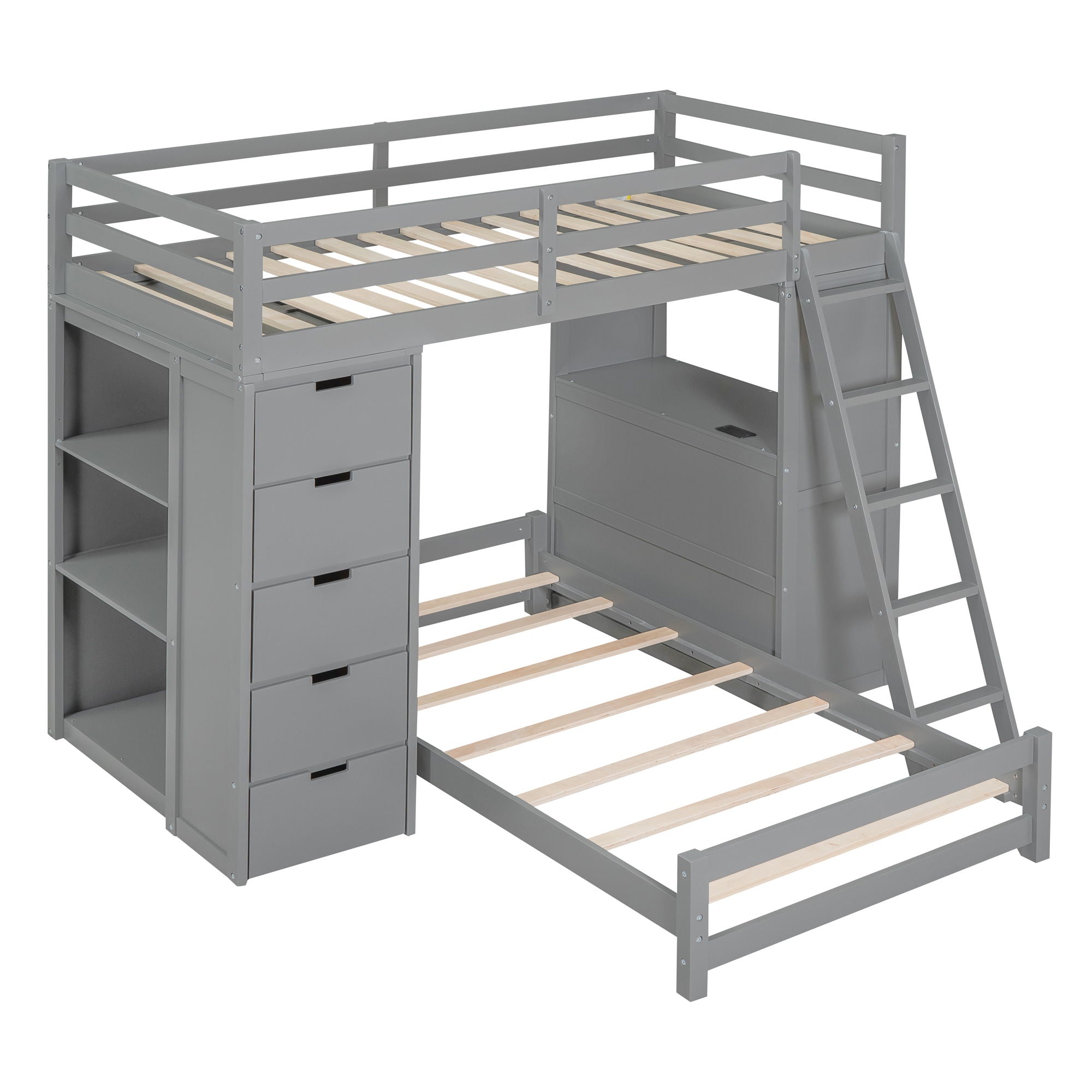 Twin Over Twin Bunk Bed With LED Light And USB Ports - Gray