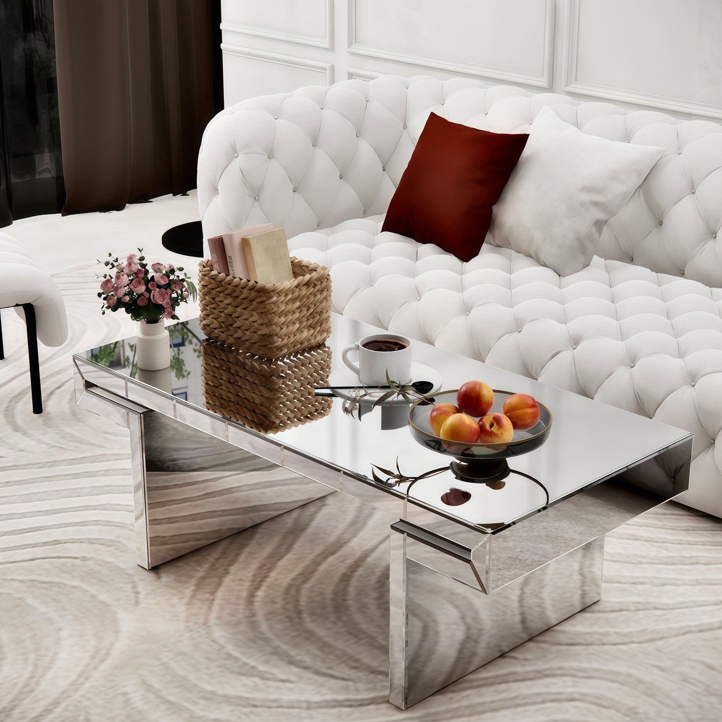 Luxury Rectangular Mirror Coffee Table With Fluted Tempered Glass, Light Luxury Style - Silver
