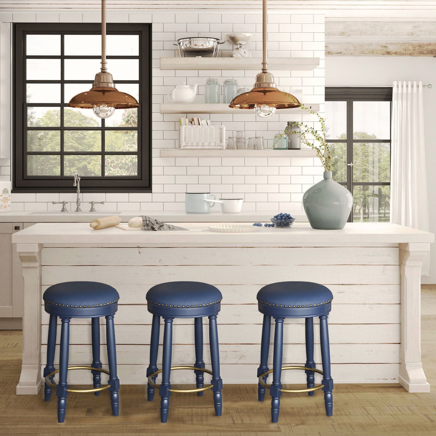 Stylish Accent Counter Height Bar Stools (Set of 2) With 360ÔøΩÔøΩ Swivel And Upholstered Seat - Dark Blue