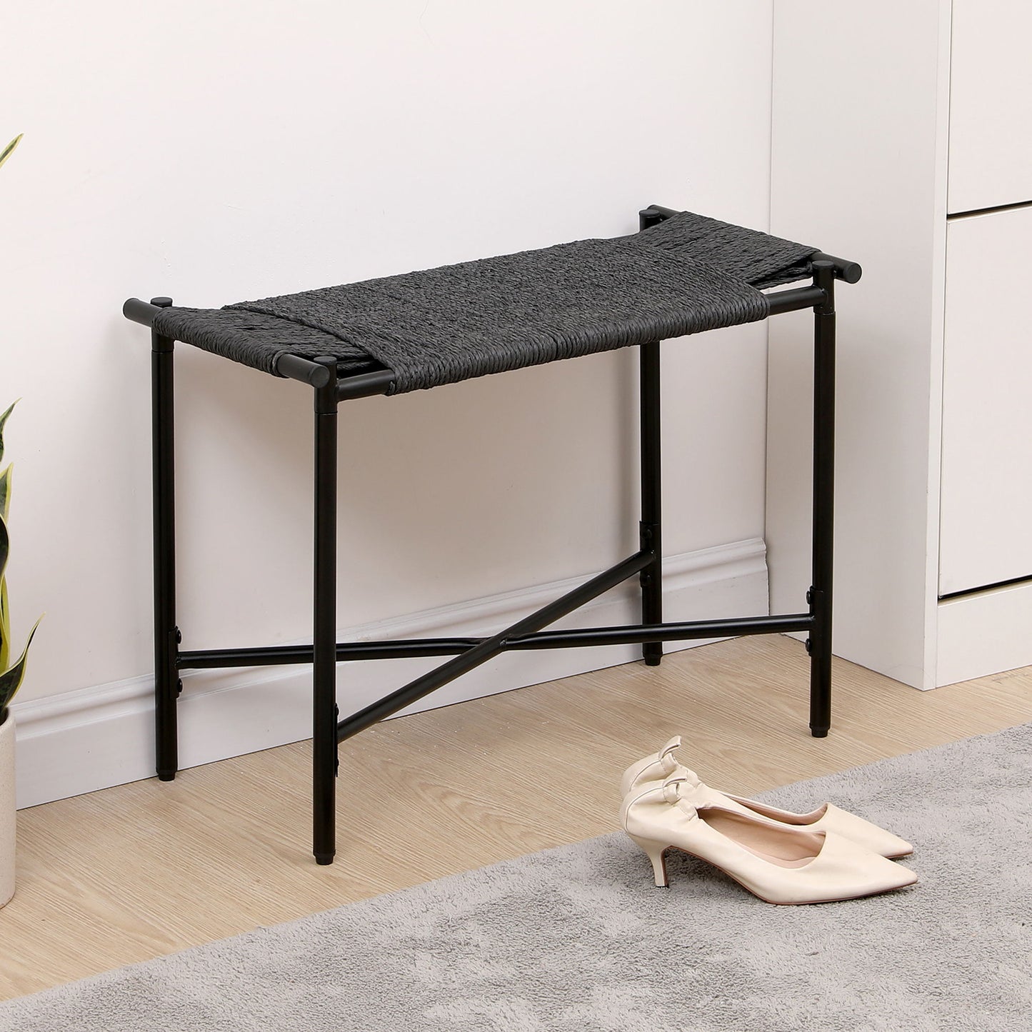 Handwoven Paper Rope Foot Rest Shoes Stools Ottomans For Entryway, Living Room, Bedroom & Office - Black