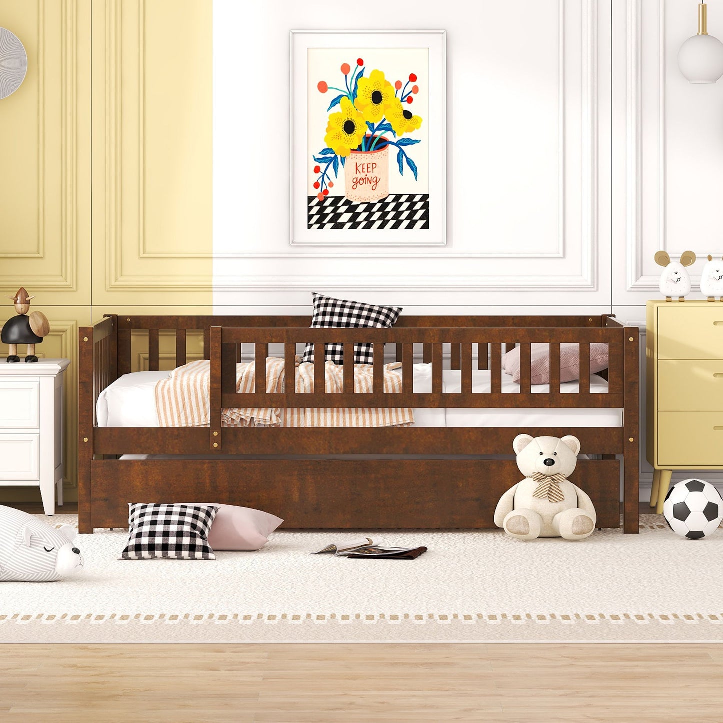 Twin Size Daybed With Trundle And Fence Guardrails - Walnut