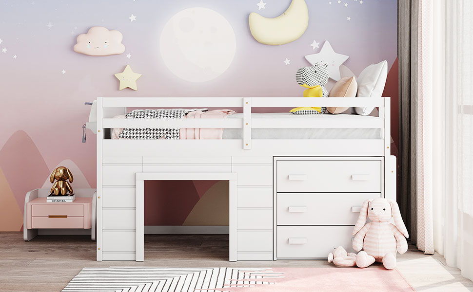 Twin Size Loft Bed With Cabinet And Shelf - White