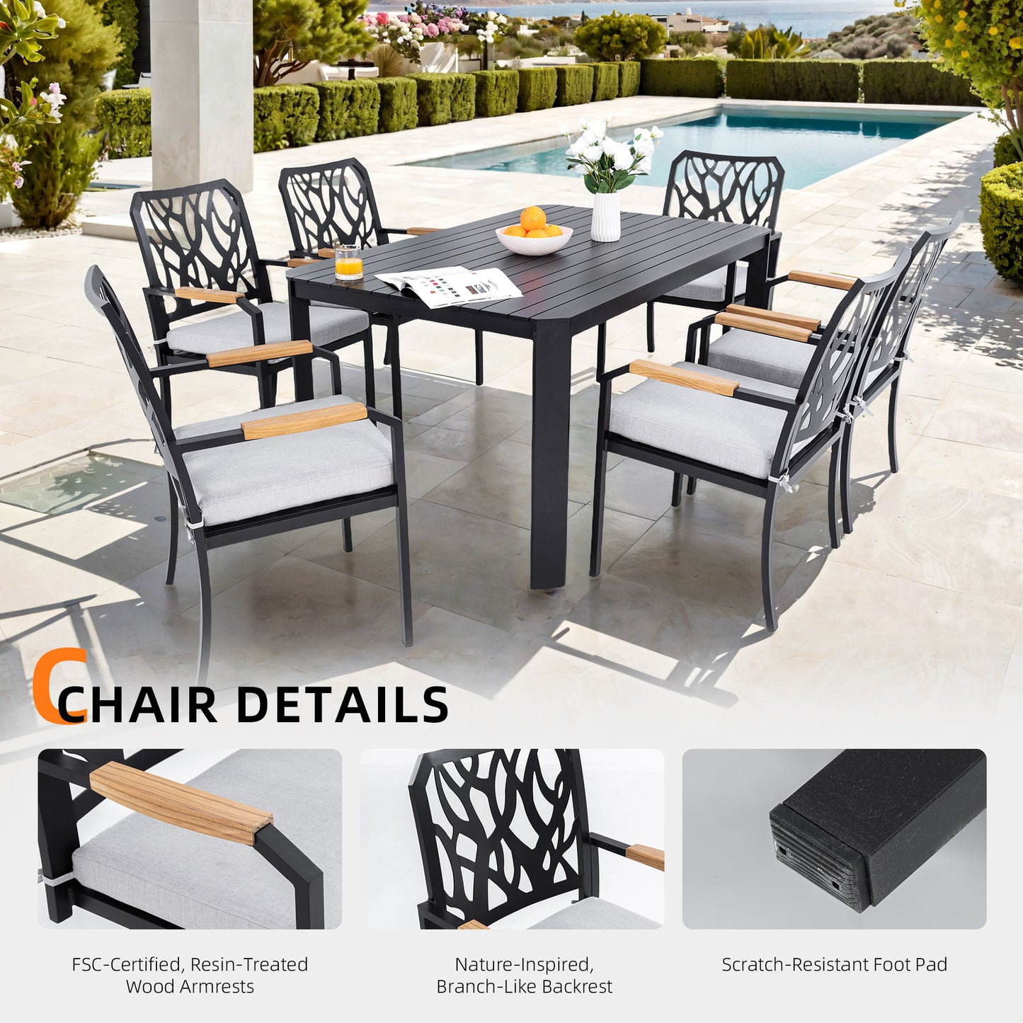 7 Pieces Outdoor Patio Furniture Set, Modern Dining Set With 6 Dining Chairs Sunbrella Fabric, Rectangular Table With Umbrella Hole - Bourbon Brown
