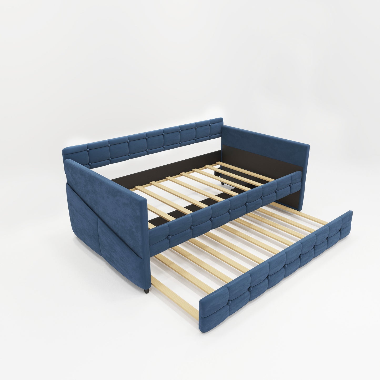 Upholstered Twin Size Daybed With Trundle, Velvet Fabric, No Box Spring Required, Comfortable And Simple Design Models - Blue