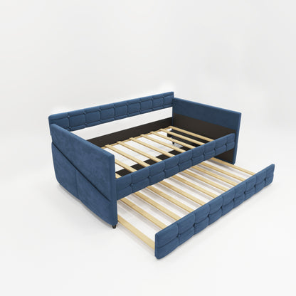 Upholstered Twin Size Daybed With Trundle, Velvet Fabric, No Box Spring Required, Comfortable And Simple Design Models - Blue