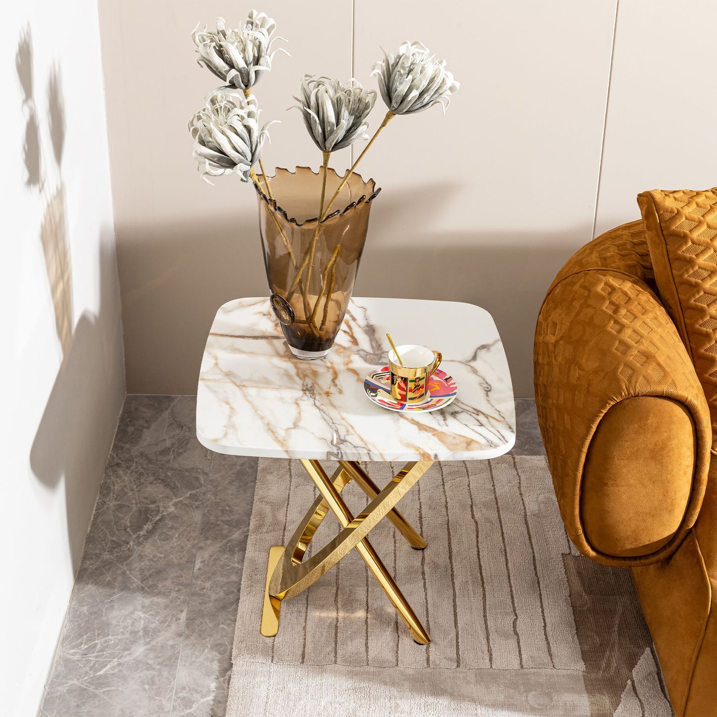 Contemporary Marble Pattern Top Side End Table With Stainless Steel Base, Square Shape - Gold