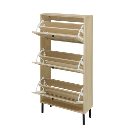 Modern Freestanding Rattan 3 Door Shoe Rack Storage Cabinet For Entryway - Natural Particle Board