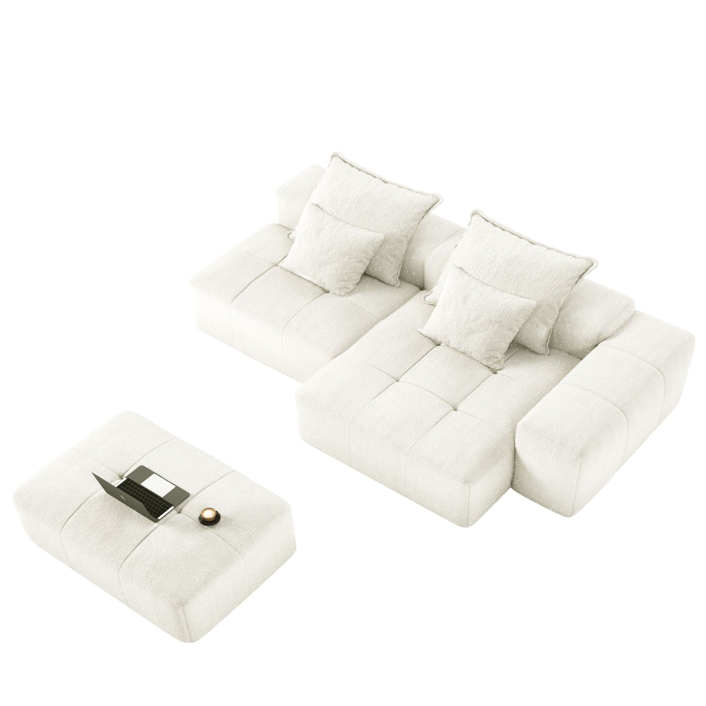 Modern Oversized Modular Sectional Sofa With Ottoman, Seat, Chaise Lounge And Armrest, Sparkling Chenille Fabric Soft Cushion Sofa With 4 Pillows, 4 Pieces Diy Combination Tufted Sofa, No Assembly Required - Beige