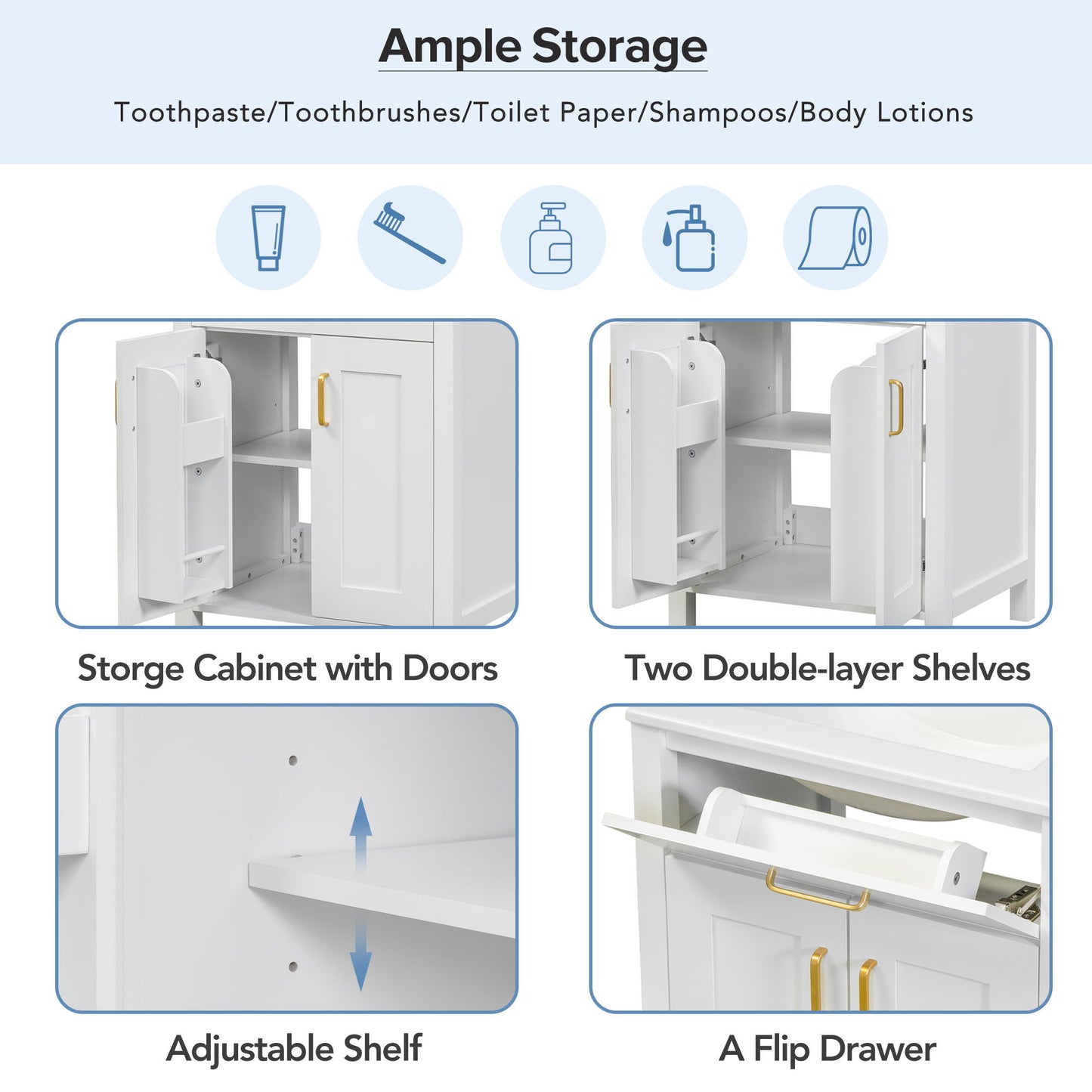 Bathroom Vanity Combo With Ceramic Sink, Luxurious Space-Saving Vanity, 2 Soft-Close Doors - Gold / White