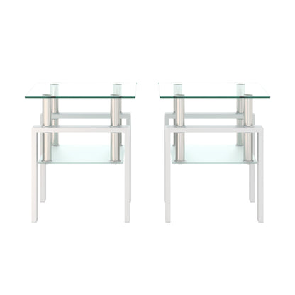 Modern Tempered Glass Tea Table, End Square Table For Living Room (Set of 2) - Transparent / White