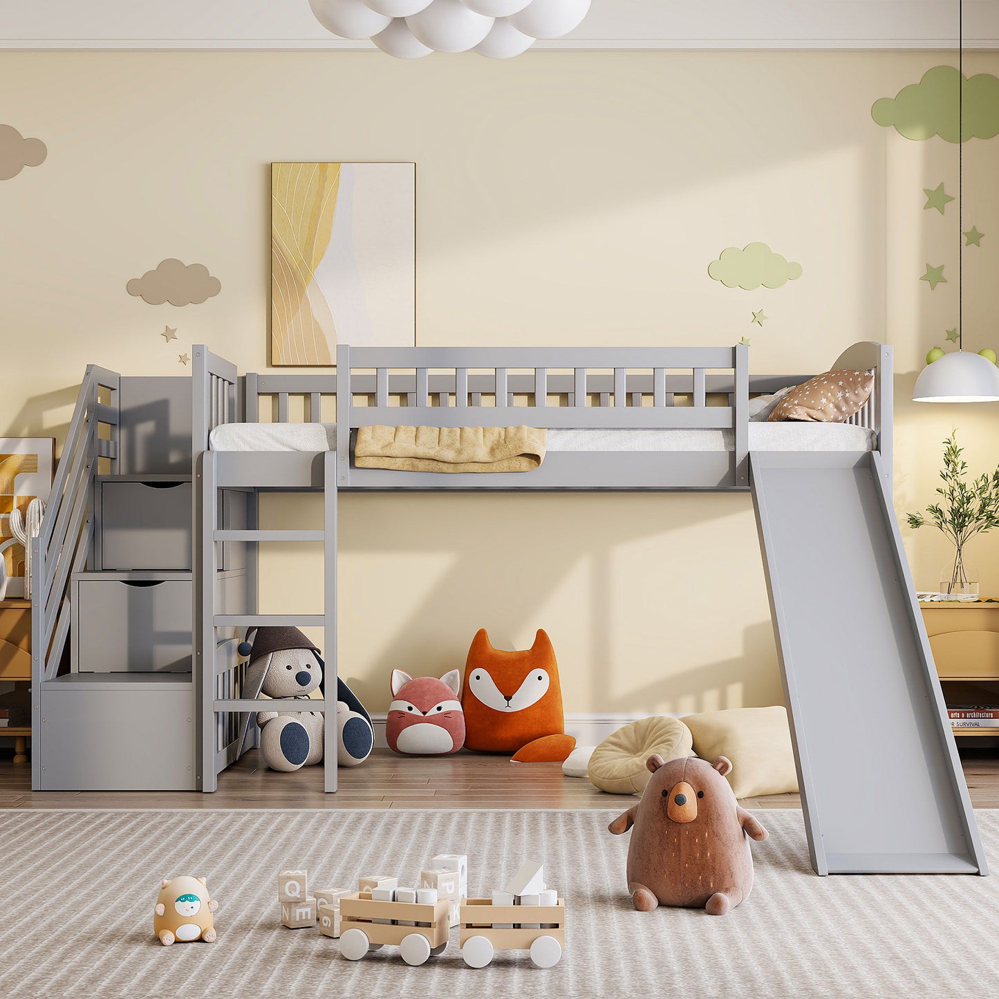 Twin Size Loft Stairway Bed With 2 Drawers And Slide - Gray