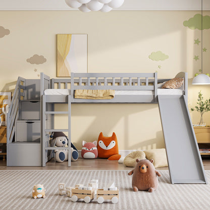 Twin Size Loft Stairway Bed With 2 Drawers And Slide - Gray