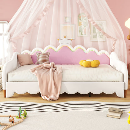 Twin Extending Daybed With LED Lights, Modern Upholstered Princess Daybed With Crown Headboard - White