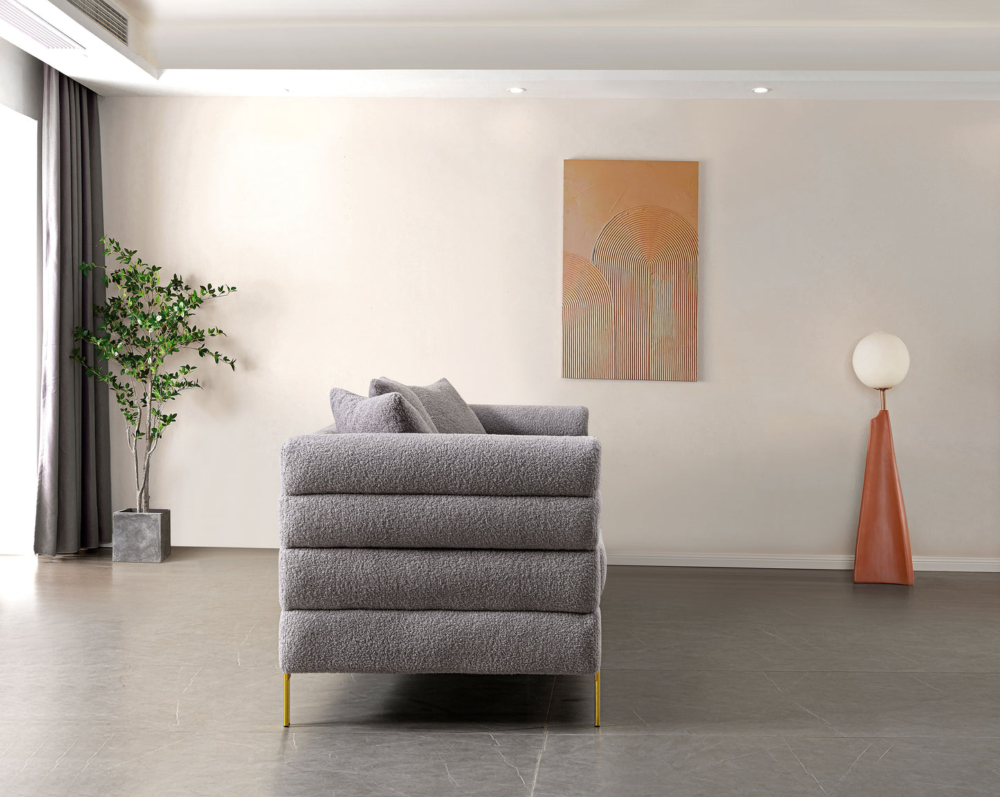 Luxurious And Comfortable Upholstered Sofa With Golden Legs And Pillows For Living Room And Reception Area - Gray