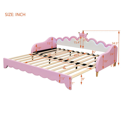 Twin Extending Daybed With LED Lights, Modern Upholstered Princess Daybed With Crown Headboard - Pink