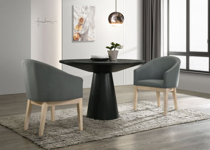 Jasper - 3 Piece Round Dining Table With Gray Barrel Chairs (Set of 3) - Ebony Black