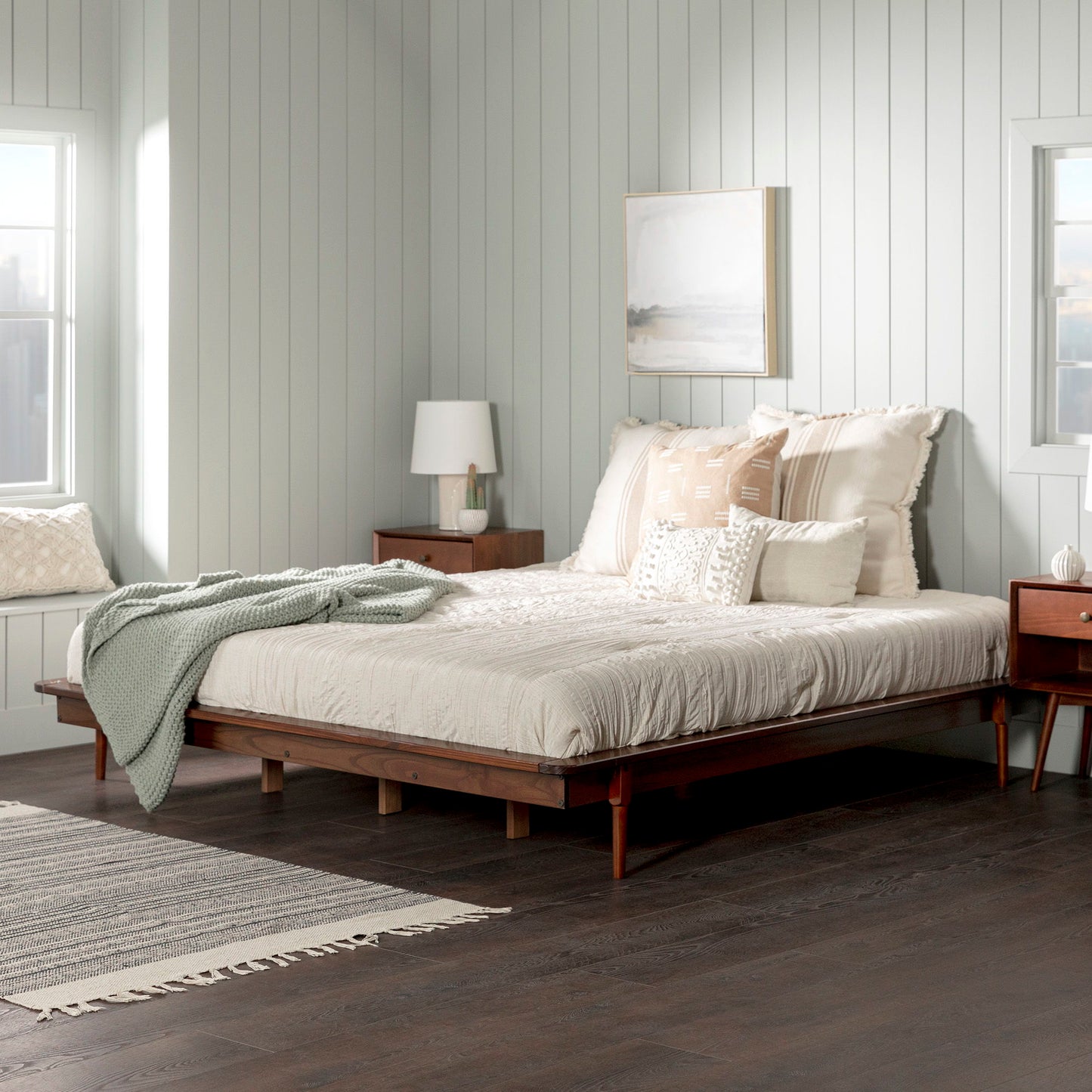 Mid-Century Modern Solid Wood King Platform Bed Frame - Walnut