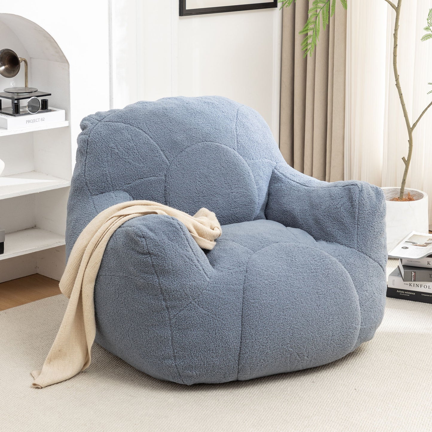 Comfy Bean Bag Chair With Filler, Tufted Memory Foam Sofa Teddy Fabric, Fluffy And Cozy Seating For Dorm, Apartment, Or Living Room - Light Blue