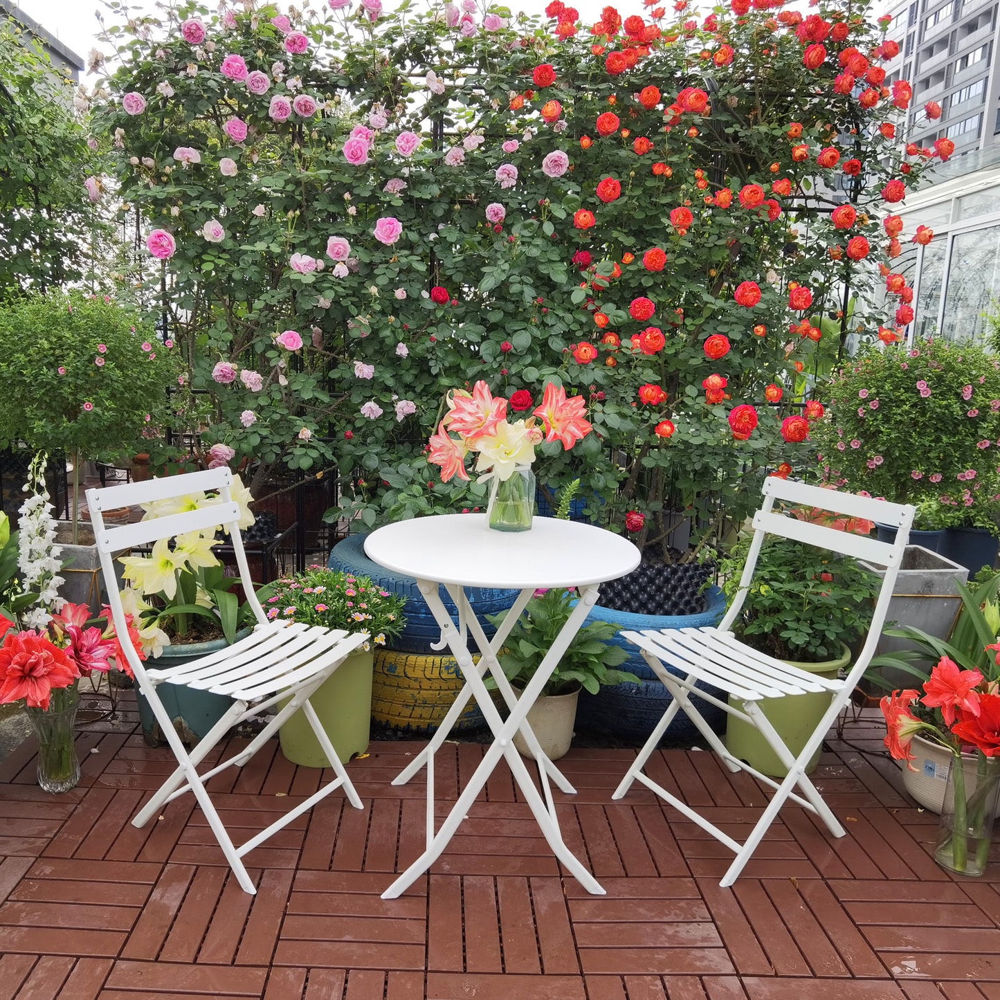 3 Piece Patio Bistro Set Of Foldable Round Table And Chairs - White