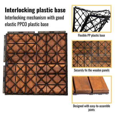 Acacia Wood Interlocking Deck Tiles Checker Pattern, 10 Piece Square Acacia Hardwood Outdoor Flooring For Patio, Bancony, Pool Side - Brown