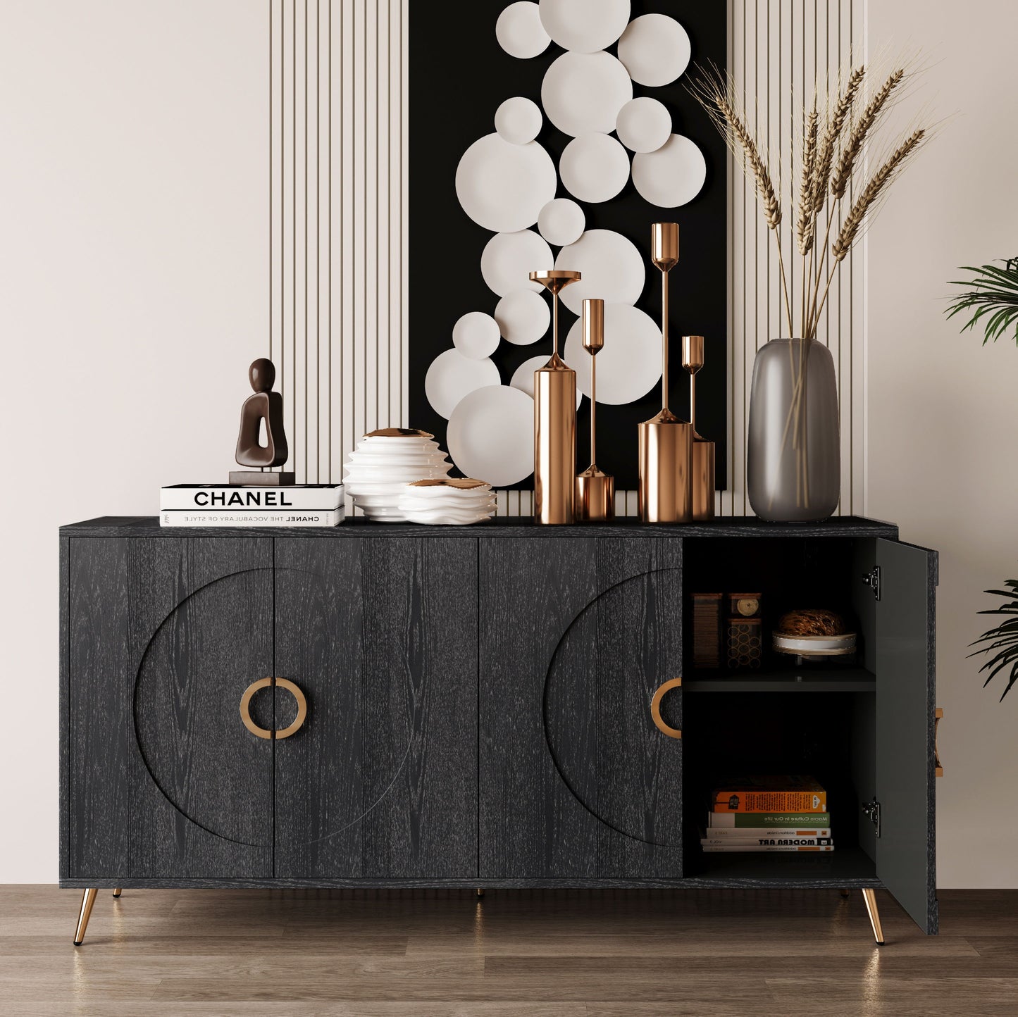 Modern Lacquered 4 Door Wooden Cabinet Sideboard Buffet Server Cabinet Storage Cabinet, For Living Room, Entryway, Hallway, Office, Kitchen And Dining Room - Distressed Black