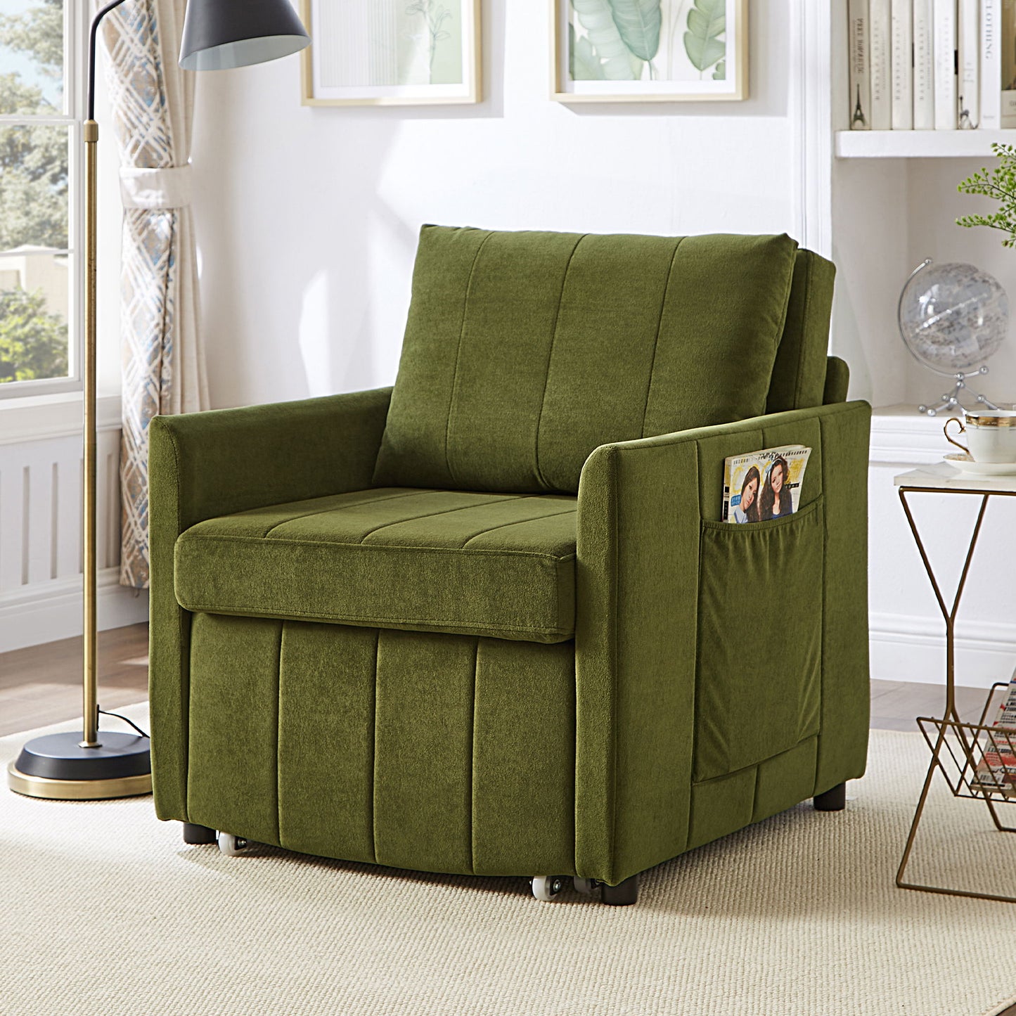 Upholstered Convertible Sleeper Sofa With Adjustable Backrest, Side Pockets, Storage Basket - Green