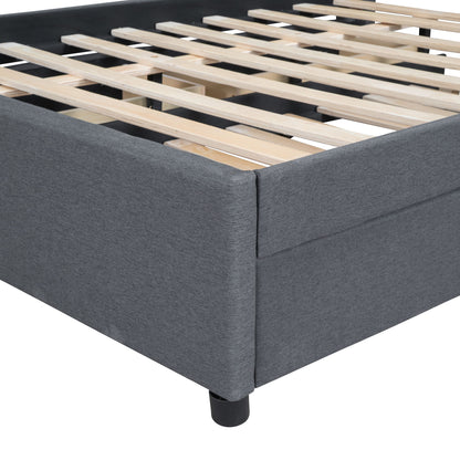 Full Size Upholstered Platform Bed With Brick Pattern Headboard, With Twin Size Trundle And 2 Drawers - Gray