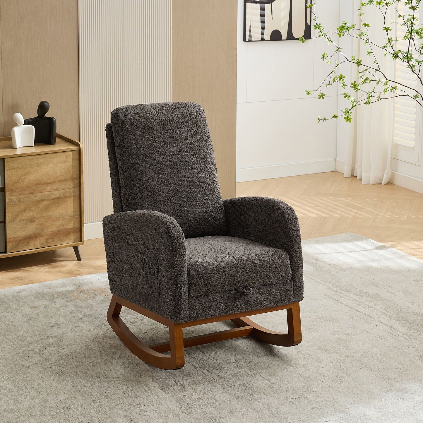 Rocking Chair For Nursery, High Back Glider Chair With Retractable Footrest, Side Pocket, Rocking Accent Armchair With Rubber Wood Legs For Living Room / Bedroom - Charcoal