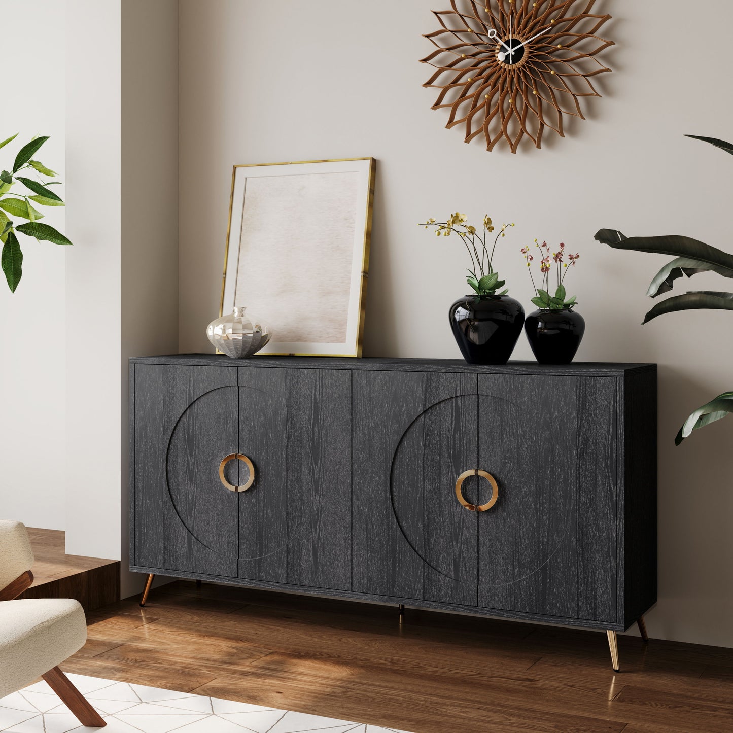 Modern Lacquered 4 Door Wooden Cabinet Sideboard Buffet Server Cabinet Storage Cabinet, For Living Room, Entryway, Hallway, Office, Kitchen And Dining Room - Distressed Black