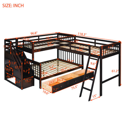 Twin Over Full L Shaped Bunk Bed With 3 Drawers, Ladder And Staircase - Espresso