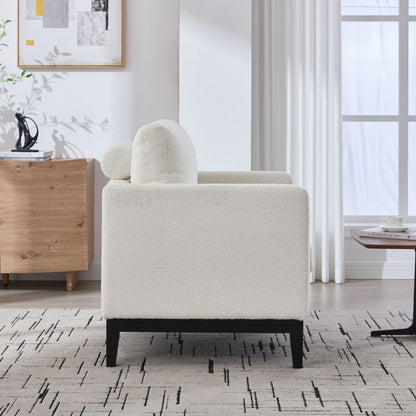 Wide Modern Farmhouse Performance Accent Chair With Black Legs, Wood Base Reading Armchair Single Sofa With 2 Bolster Pillows For Living Room Offices And Lounge - Ivory