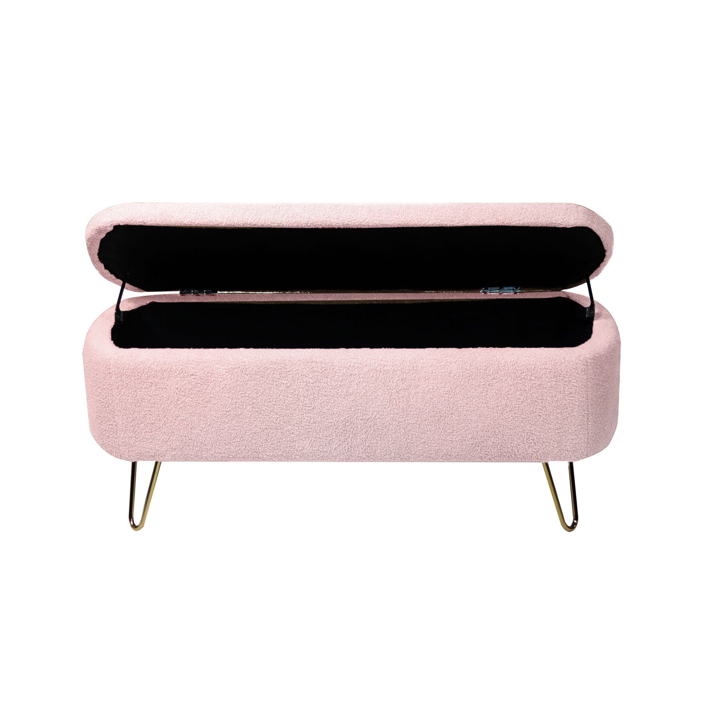 Storage Ottoman Bench For End Of Bed Gold Legs, Modern Gray Faux Fur Entryway Bench Upholstered Padded With Storage For Living Room Bedroom - Pink