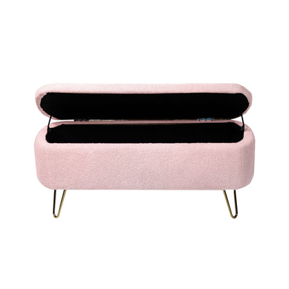Storage Ottoman Bench For End Of Bed Gold Legs, Modern Gray Faux Fur Entryway Bench Upholstered Padded With Storage For Living Room Bedroom - Pink