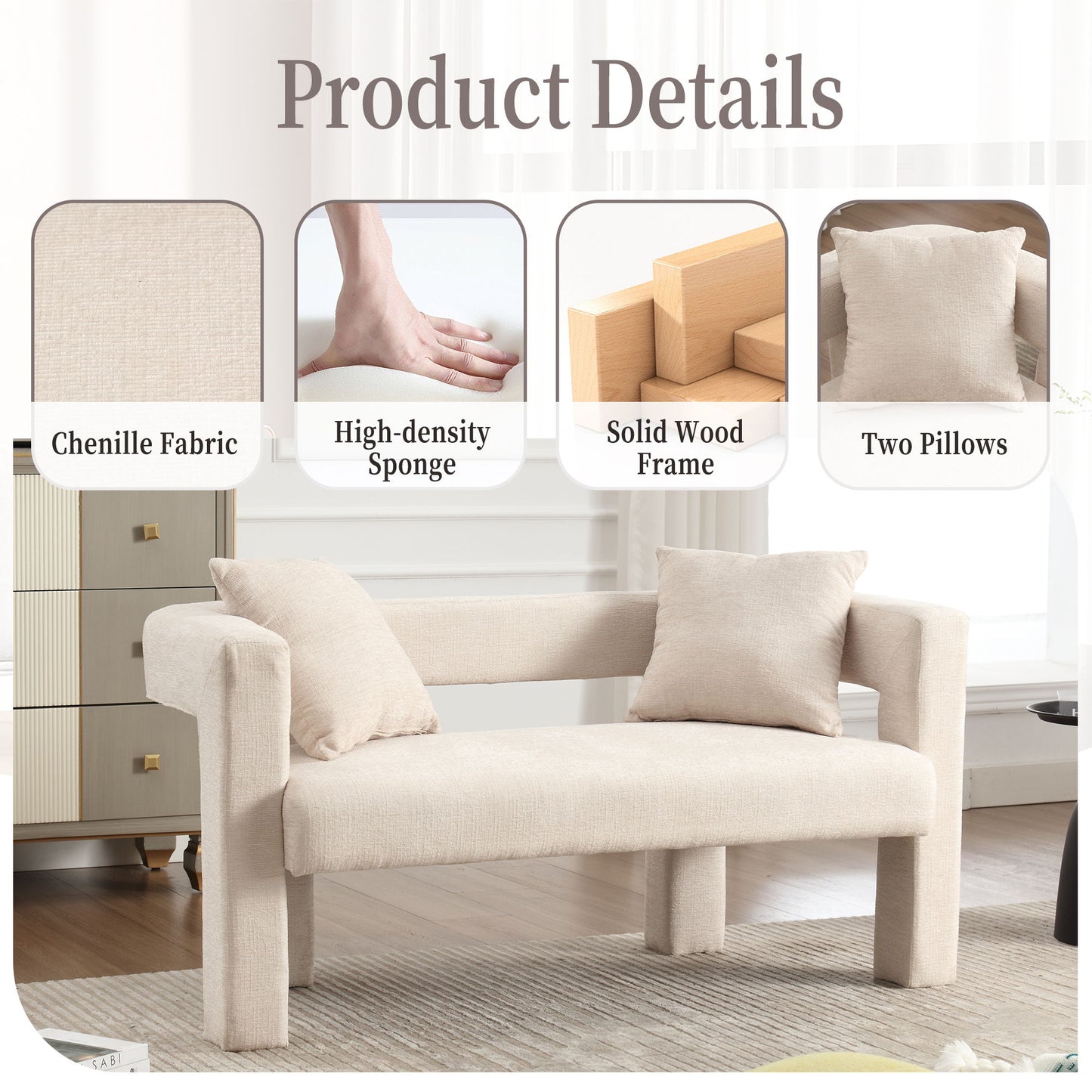 Modern Loveseat Sofa, Comfy Upholstered 2 Seater Sofa - Beige
