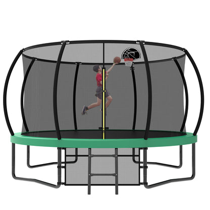 12Ft Recreational Kids Trampoline With Safety Enclosure Net & Ladder, Outdoor Recreational Trampolines - Green