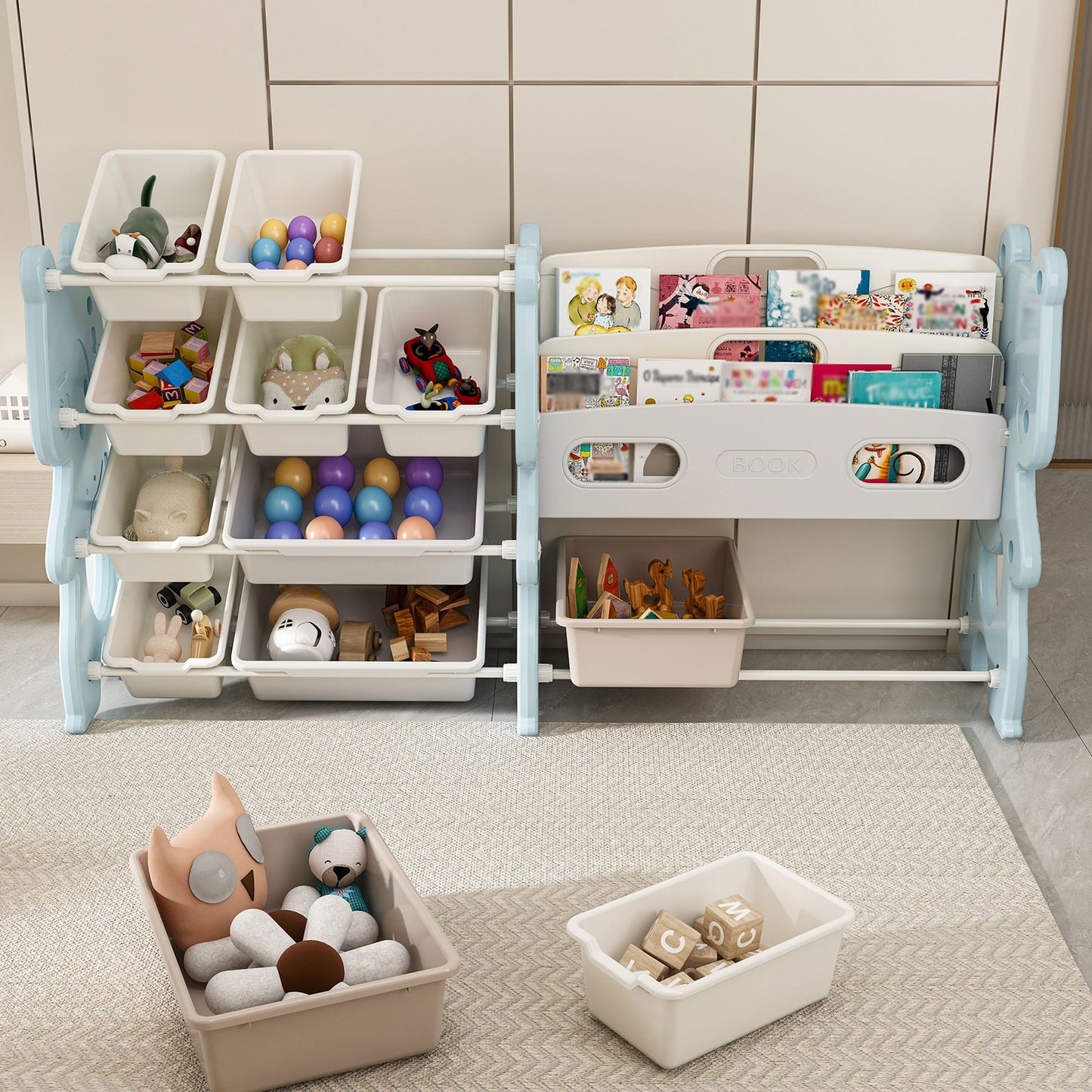 Kids Toy Storage Organizer With 2 Tier Bookshelf, Toy Storage With 12 Bins - Blue