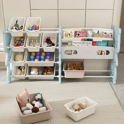 Kids Toy Storage Organizer With 2 Tier Bookshelf, Toy Storage With 12 Bins - Blue