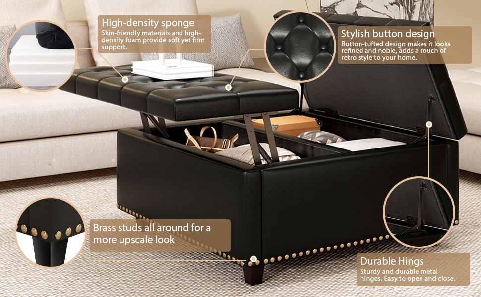 Large Square Storage Stool With 2 Storage Doors, Footstool For Living Room Studded Mid - Century Modern Coffee Table - Black