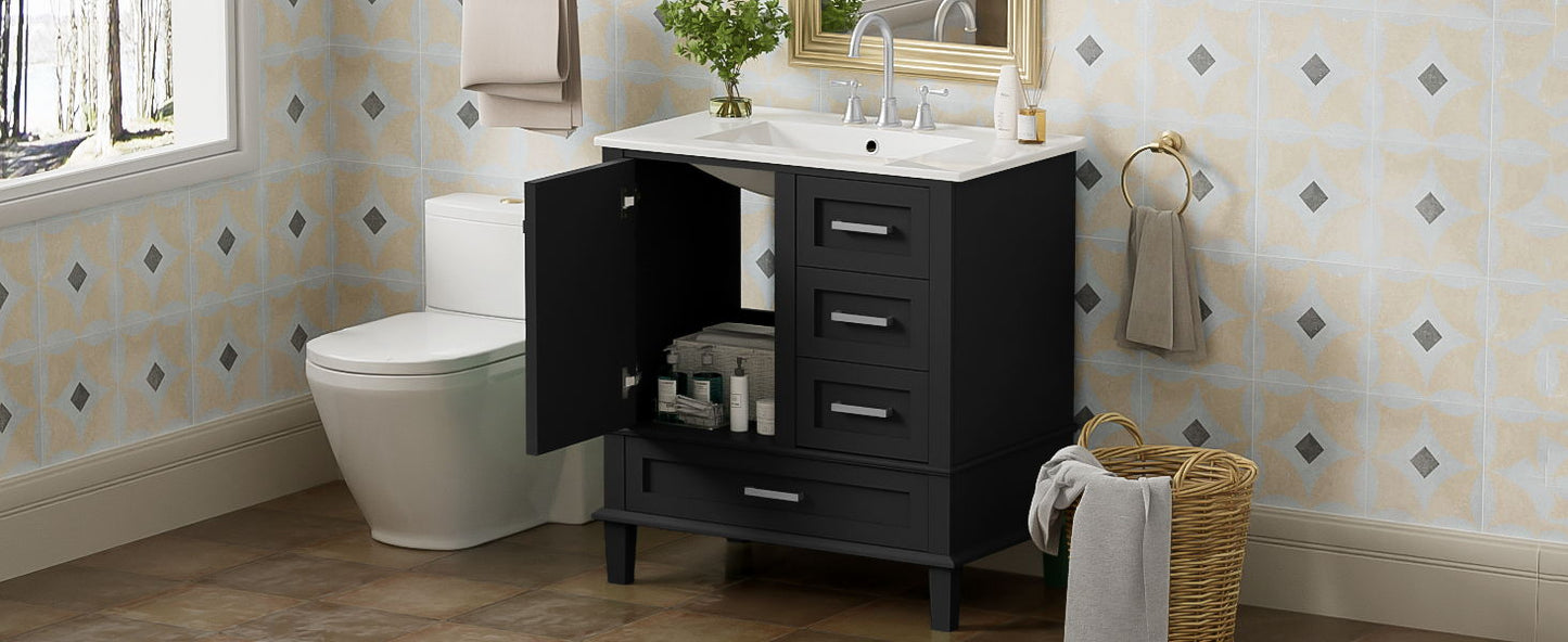 Bathroom Vanity, Modern Bathroom Cabinet With Sink Combo Set, Bathroom Storage Cabinet With A Soft Closing Door And 3 Drawers, Solid Wood Frame - Black