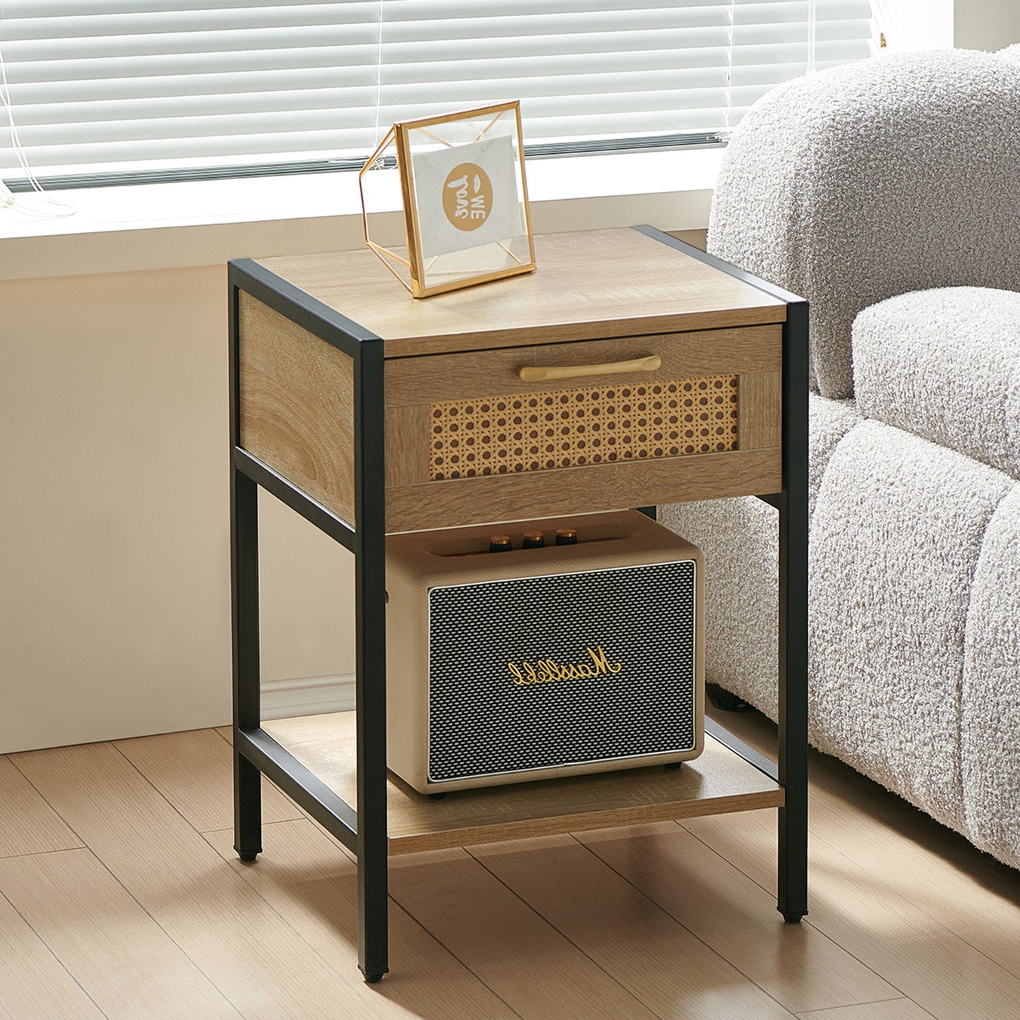 15.74" Rattan End Table With Drawer, Modern Nightstand, Metal Legs, Side Table For Living Room, Bedroom - Natural