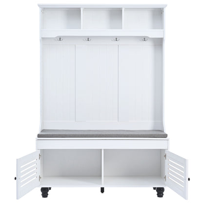 5 In 1 Entryway Bench With Shutter - Shaped Doors, Coat Rack, Cushion And 4 Sturdy Hooks, Wide Hall Tree With Storage Bench For Hallway, Entryway, Living Room - White
