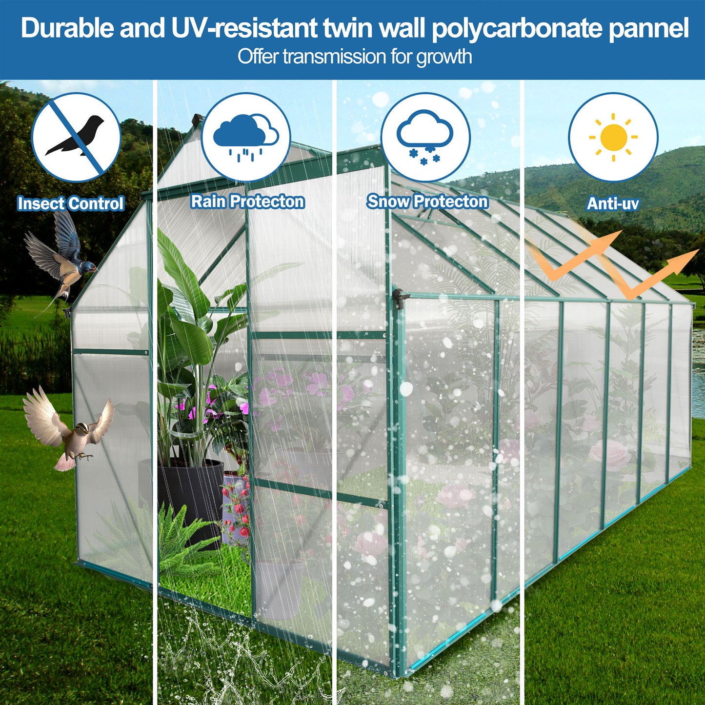 6X12 Ft Polycarbonate Greenhouse Raised Base And Anchor Aluminum Heavy Duty Walk-In Greenhouses For Outdoor Backyard In All Season - Green