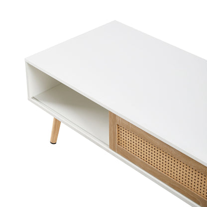 41.34" Rattan Coffee Table, Sliding Door For Storage, Solid Wood Legs, Modern Table For Living Room - White