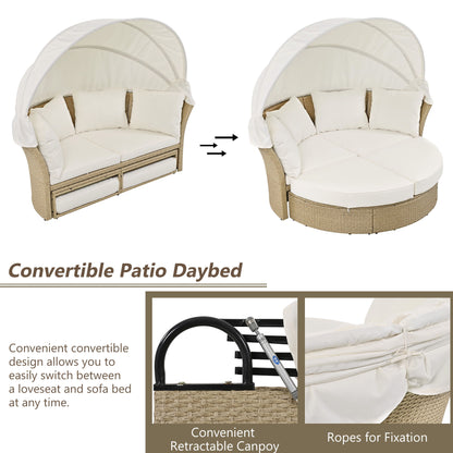 Outdoor Patio Daybed Wicker Rattan Double Daybed Round Sofa Furniture Set With Retractable Canopy, 4 Pillows For Lawn Garden Backyard Porch Pool - Beige