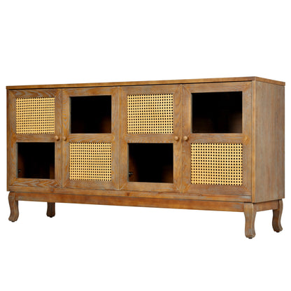 Retro 4 Door Sideboard With Large Storage Space, Artificial Rattan Doors - Transparent Glass - Antique Brown