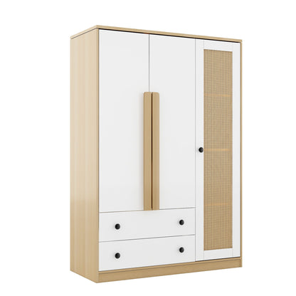 3 Doors Rattan Wardrobe Storage For Bedroom, With 2 Drawers - White / Nature