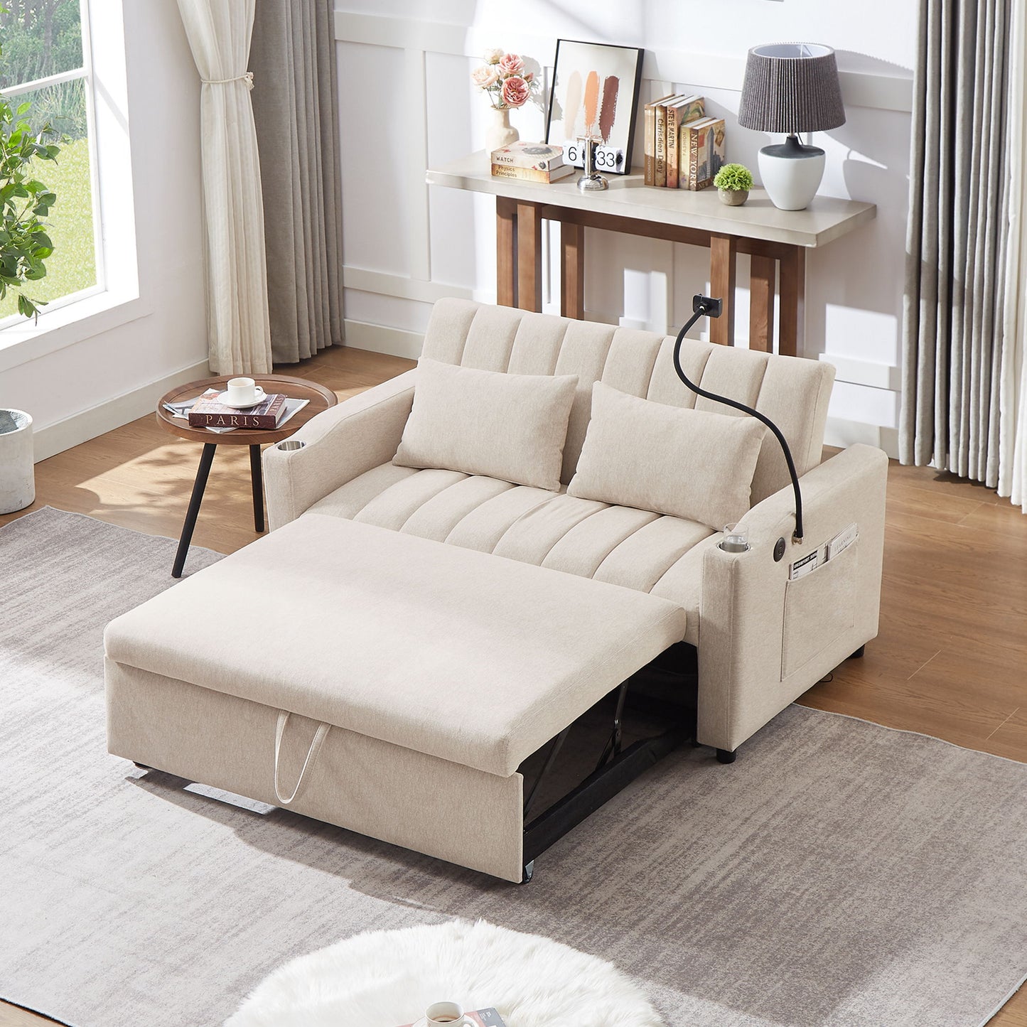 Convertible Sofa Bed Loveseat Sofa With Three USB Ports, Two Side Pockets, Two Cup Holders And 360ÔøΩÔøΩÔøΩÔøΩÔøΩÔøΩÔøΩÔøΩÔøΩÔøΩÔøΩÔøΩÔøΩÔøΩÔøΩÔøΩÔøΩÔøΩÔøΩÔøΩÔøΩÔøΩÔøΩÔøΩÔøΩÔøΩÔøΩÔøΩÔøΩÔøΩÔøΩÔøΩÔøΩ swivel Phone Holder For Living Room - Beige