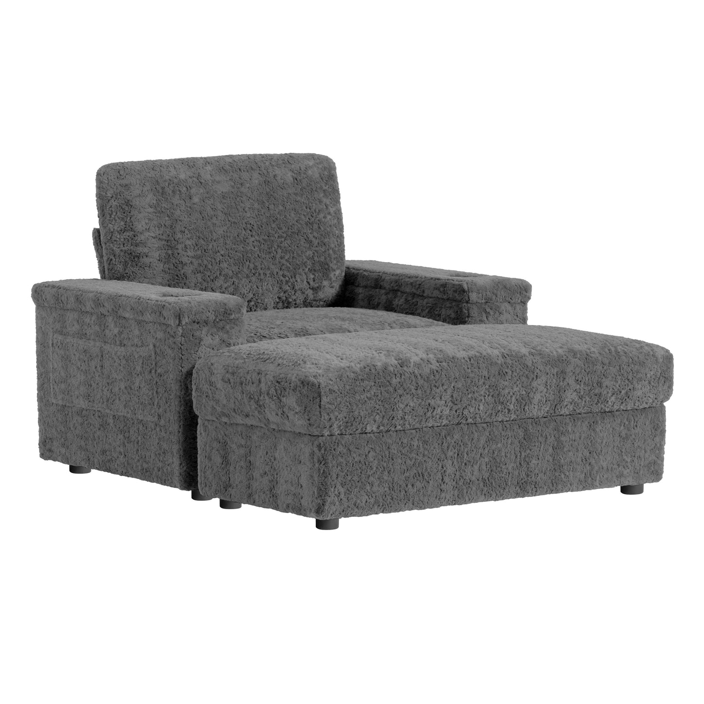 Oversized Chaise Lounge Indoor Rabbit Fur Sofa Bed With Storage Ottoman And Armrests Cup Holders With Deep Seat - Gray