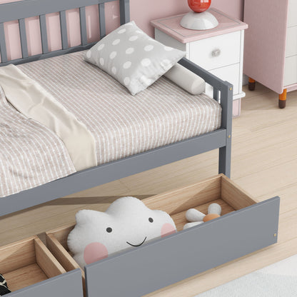 Twin Size Pine Wood Daybed With Two Storage Drawers, Sofa Bed With Bed Platform Of 10 Support Slats - Gray